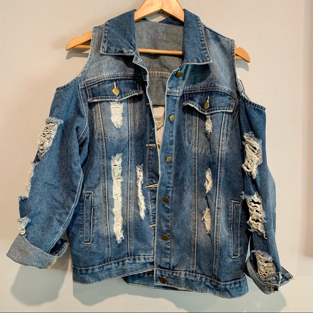 Open Shoulder Distressed Denim Jacket